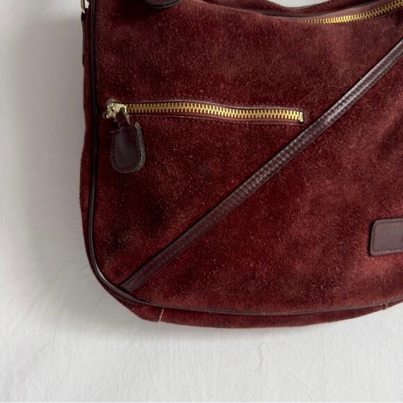 GENUINE Red Burgundy Suede Leather Vintage Shoulder Bag Purse - Picture 3 of 3